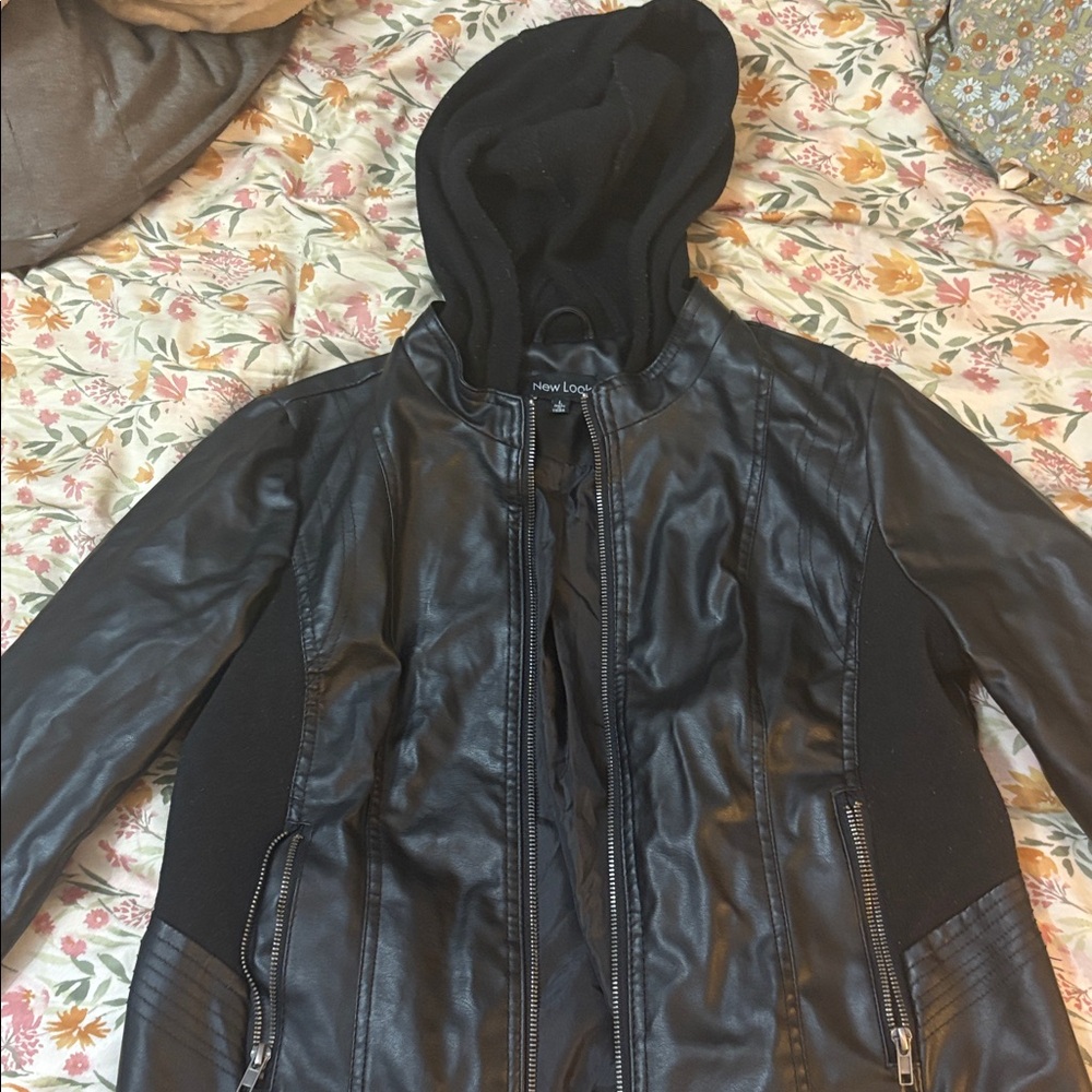 New Look Black Faux Leather Jacket with Hood